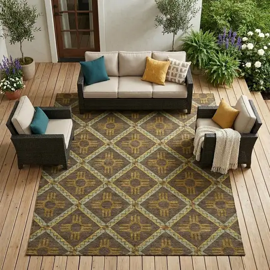 Chocolate And Taupe Geometric Washable Indoor Outdoor Area Rug Photo 1