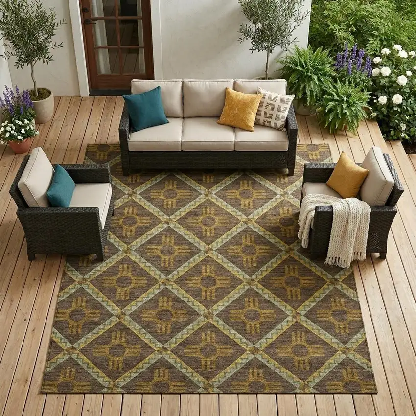 Chocolate And Taupe Geometric Washable Indoor Outdoor Area Rug Photo 1