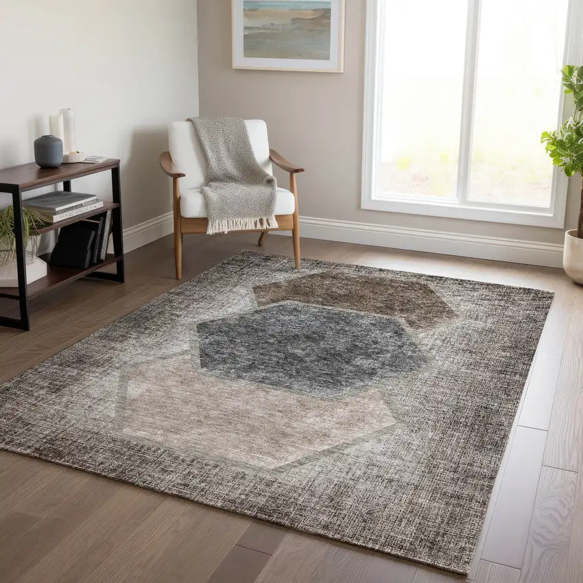 Chocolate And Taupe Geometric Washable Indoor Outdoor Area Rug Photo 9