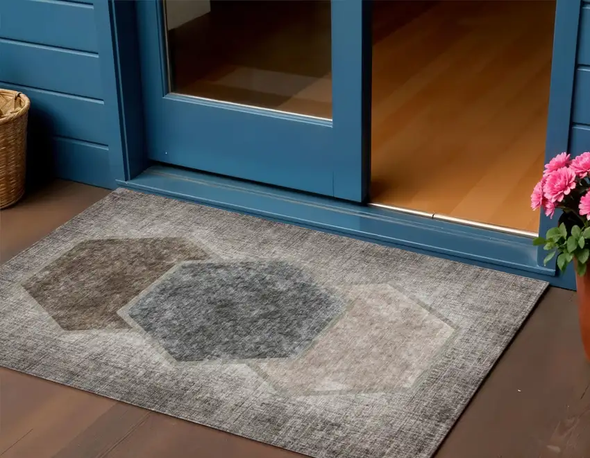 Chocolate And Taupe Geometric Washable Indoor Outdoor Area Rug Photo 1