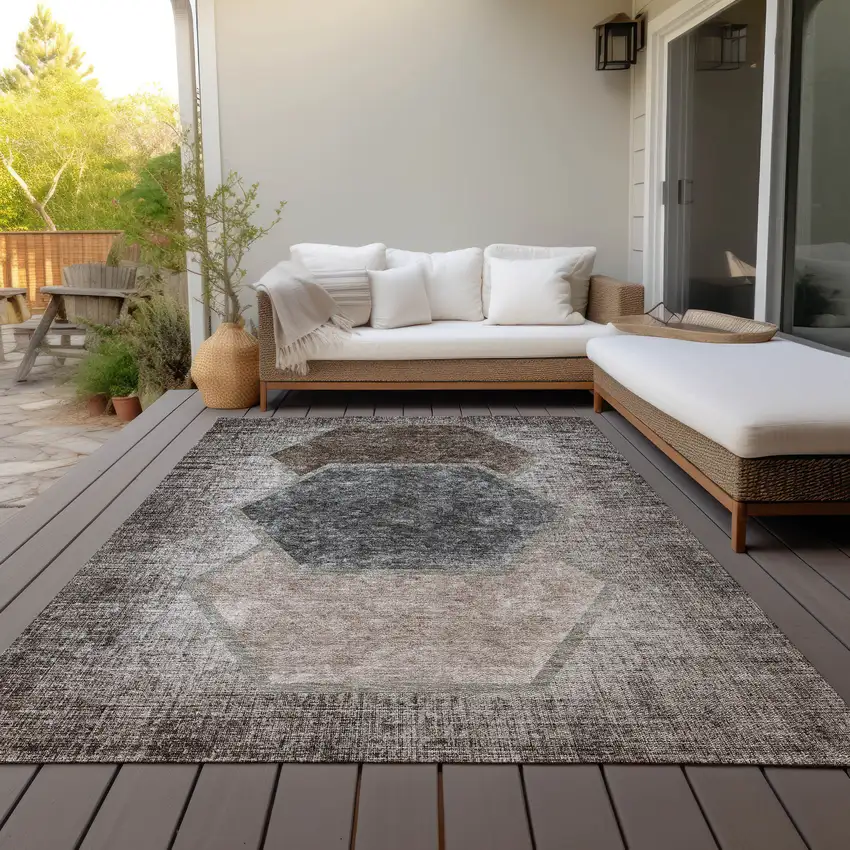 Chocolate And Taupe Geometric Washable Indoor Outdoor Area Rug Photo 8