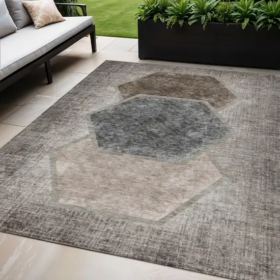 Chocolate And Taupe Geometric Washable Indoor Outdoor Area Rug Photo 1