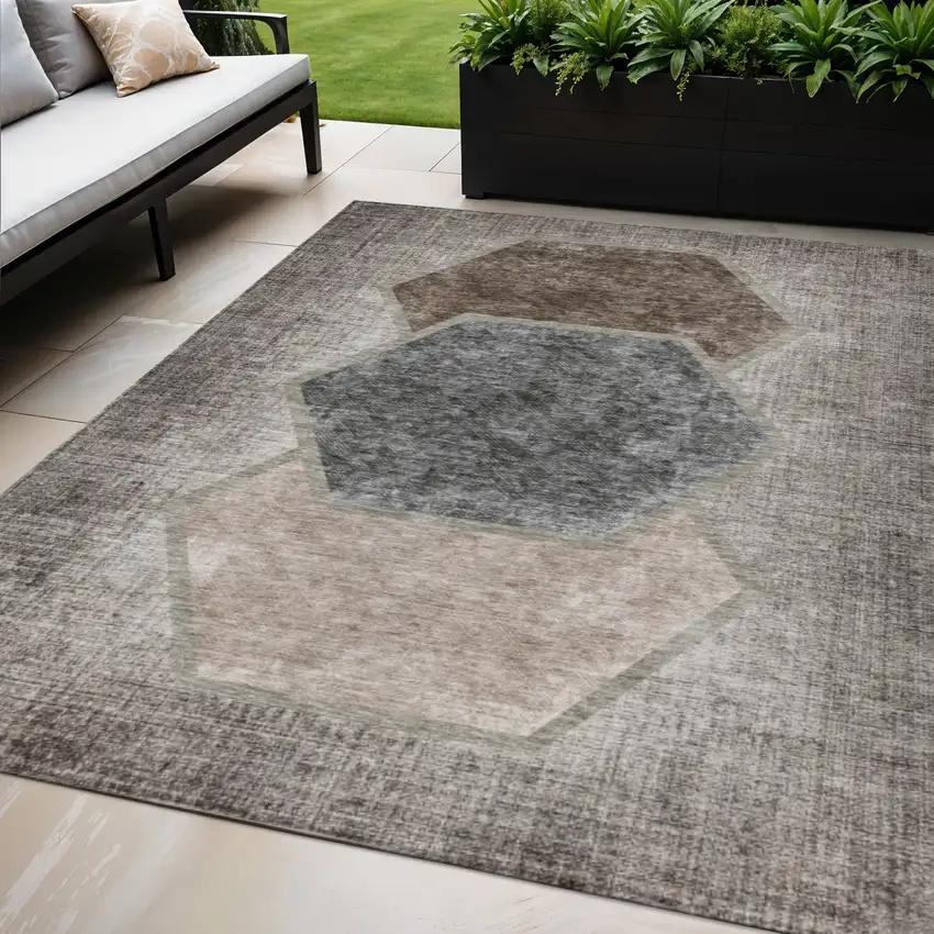Chocolate And Taupe Geometric Washable Indoor Outdoor Area Rug Photo 1