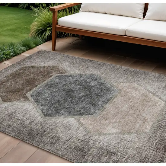 Chocolate And Taupe Geometric Washable Indoor Outdoor Area Rug Photo 1