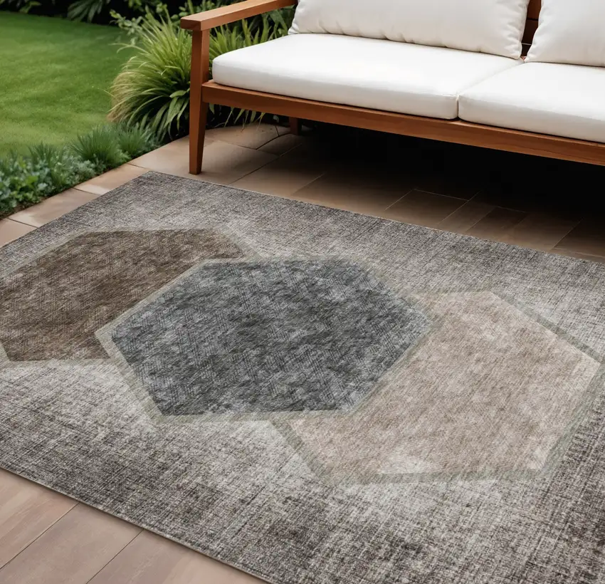 Chocolate And Taupe Geometric Washable Indoor Outdoor Area Rug Photo 1