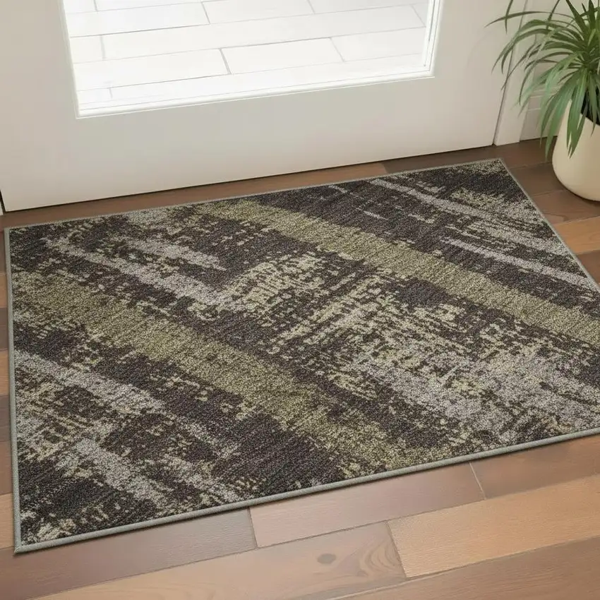 Chocolate And Taupe Striped Washable Area Rug With UV Protection Photo 2