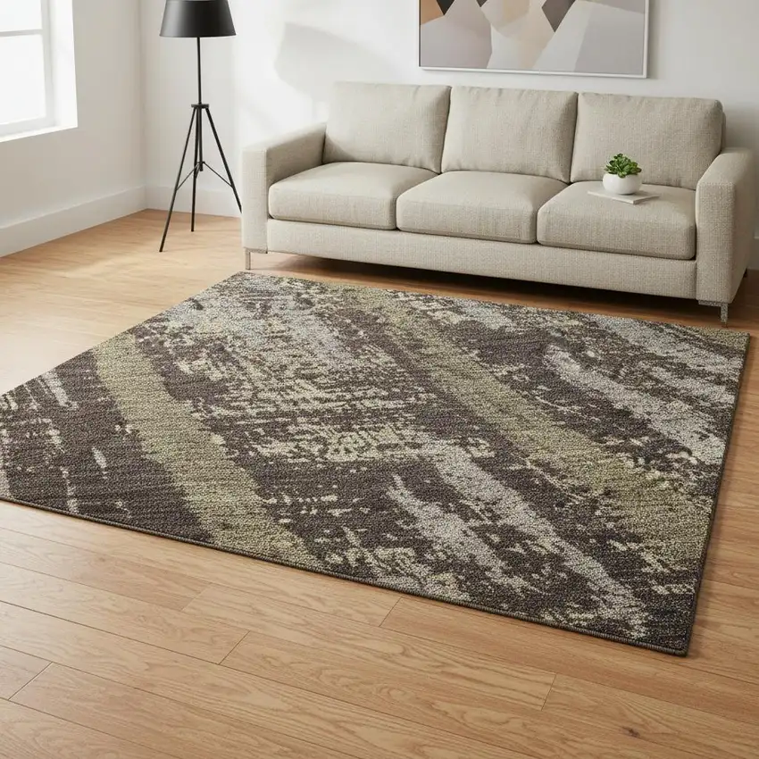 Chocolate And Taupe Striped Washable Area Rug With UV Protection Photo 2