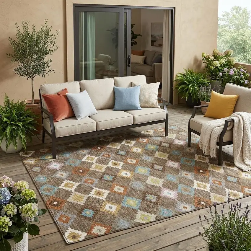 Chocolate And Teal Blue Aztec Washable Indoor Outdoor Area Rug Photo 1