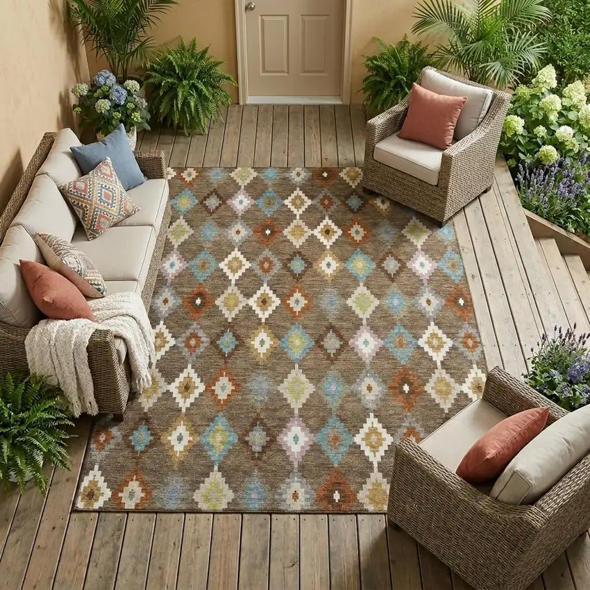 Chocolate And Teal Blue Aztec Washable Indoor Outdoor Area Rug Photo 1