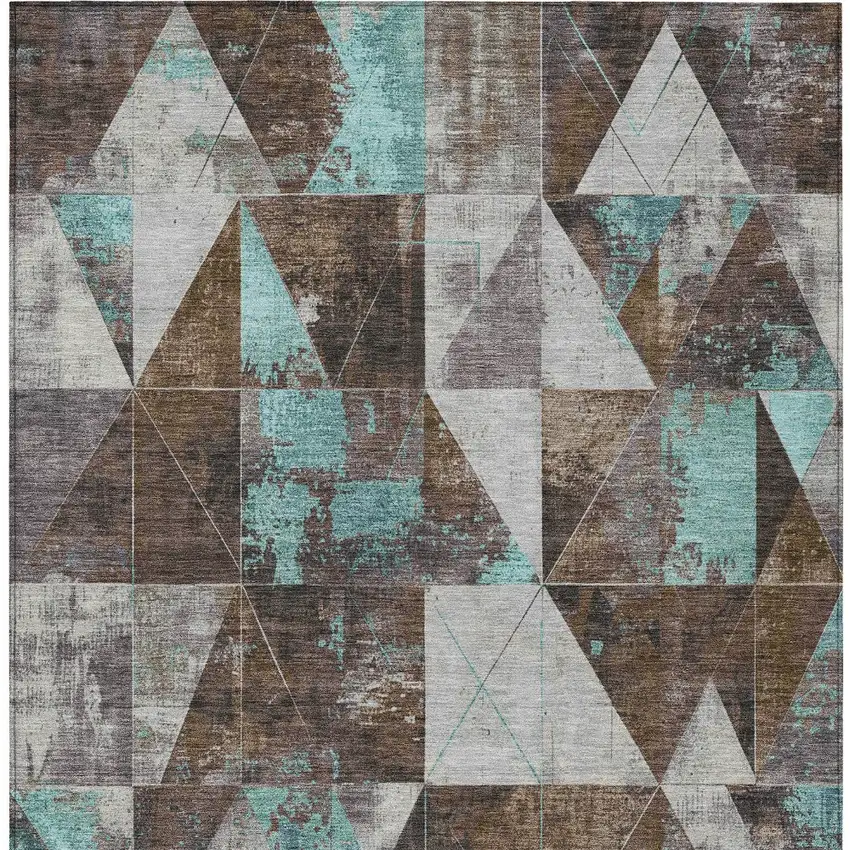 Chocolate And Teal Blue Geometric Washable Indoor Outdoor Area Rug Photo 9