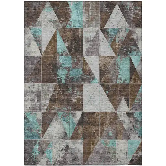 Chocolate And Teal Blue Geometric Washable Indoor Outdoor Area Rug Photo 1