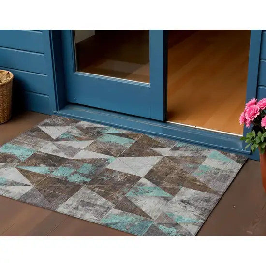 Chocolate And Teal Blue Geometric Washable Indoor Outdoor Area Rug Photo 2