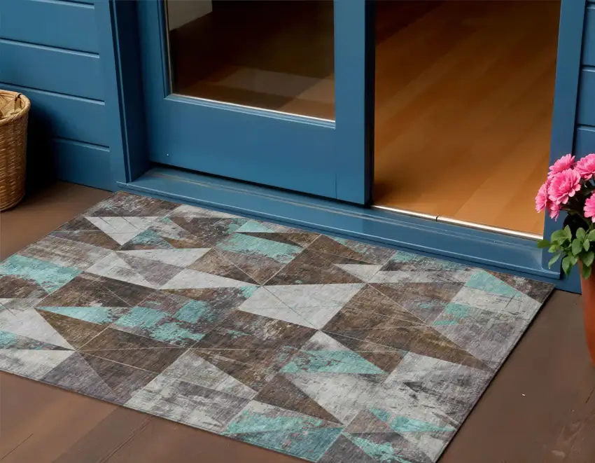 Chocolate And Teal Blue Geometric Washable Indoor Outdoor Area Rug Photo 2