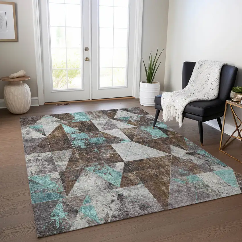 Chocolate And Teal Blue Geometric Washable Indoor Outdoor Area Rug Photo 5