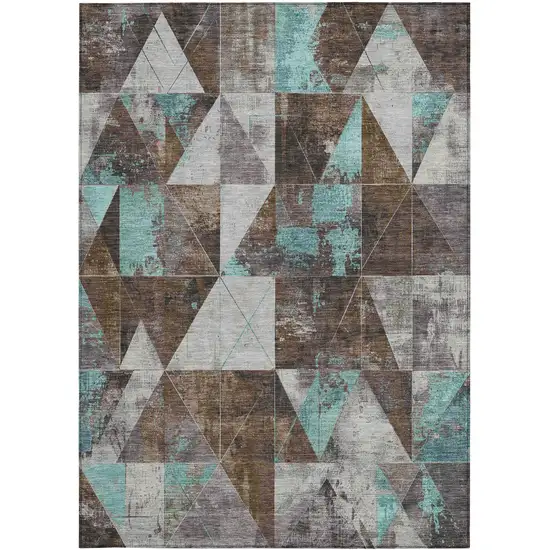 Chocolate And Teal Blue Geometric Washable Indoor Outdoor Area Rug Photo 3