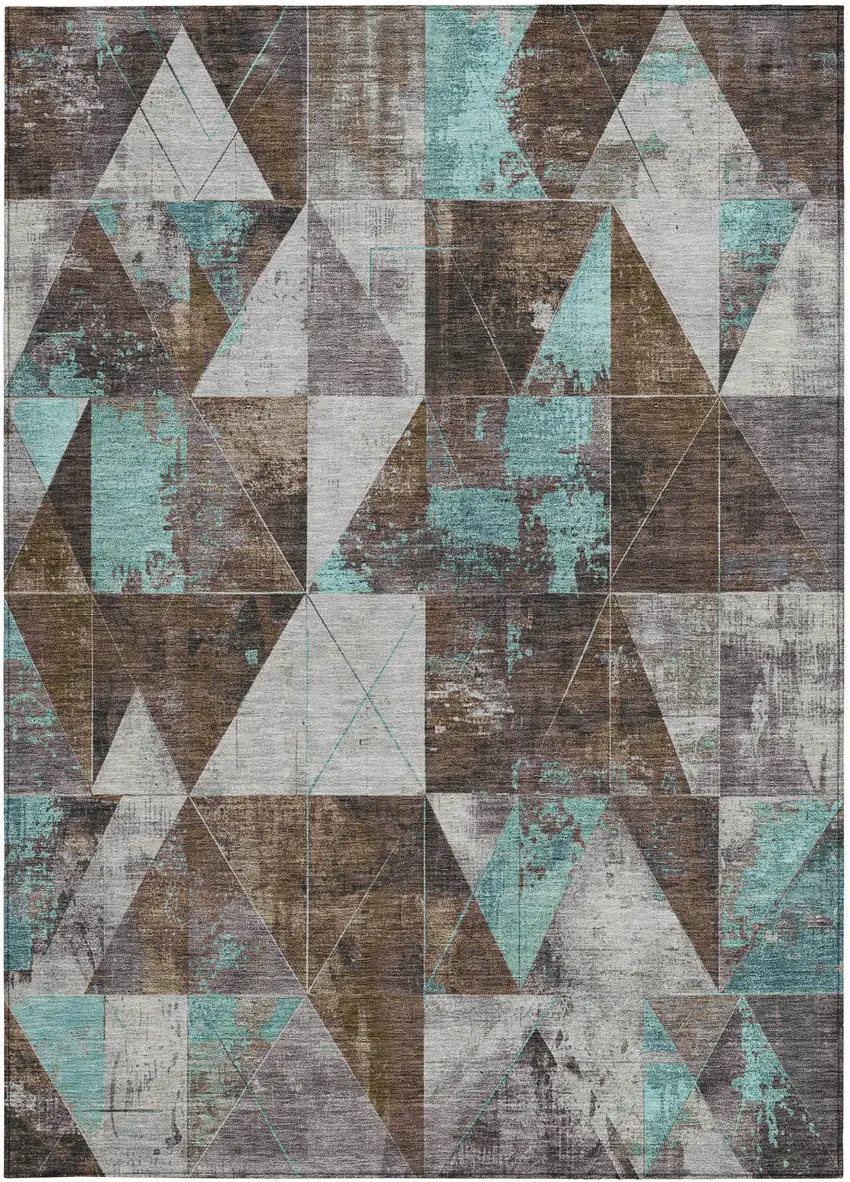 Chocolate And Teal Blue Geometric Washable Indoor Outdoor Area Rug Photo 3