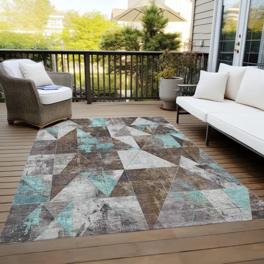 Chocolate And Teal Blue Geometric Washable Indoor Outdoor Area Rug Photo 7