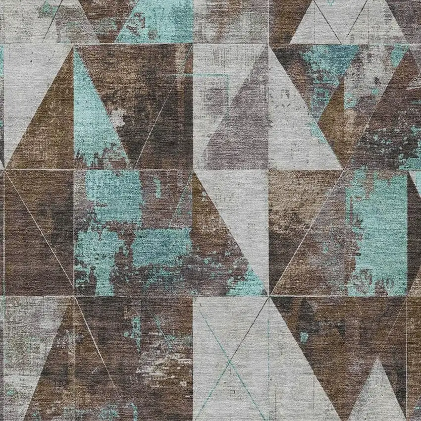 Chocolate And Teal Blue Geometric Washable Indoor Outdoor Area Rug Photo 3