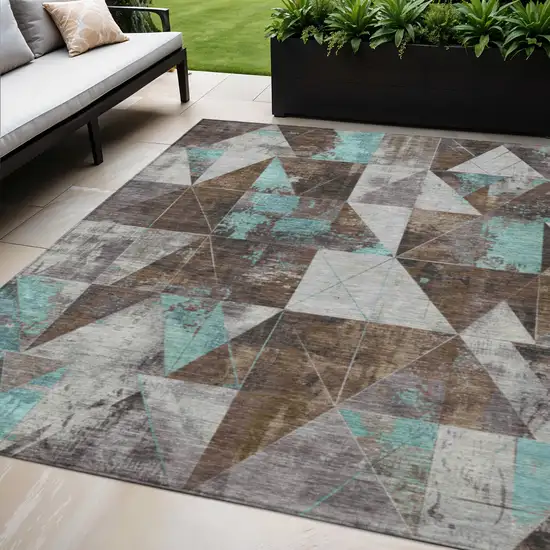 Chocolate And Teal Blue Geometric Washable Indoor Outdoor Area Rug Photo 2