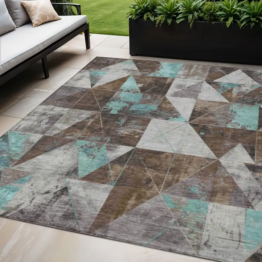 Chocolate And Teal Blue Geometric Washable Indoor Outdoor Area Rug Photo 2