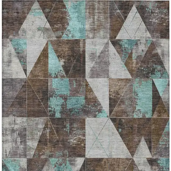 Chocolate And Teal Blue Geometric Washable Indoor Outdoor Area Rug Photo 4