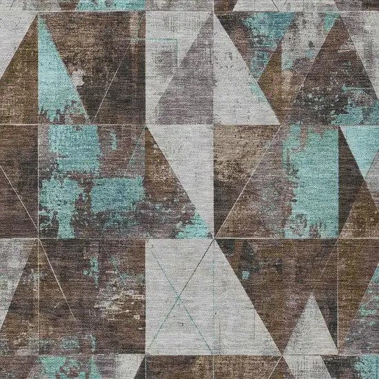 Chocolate And Teal Blue Geometric Washable Indoor Outdoor Area Rug Photo 3