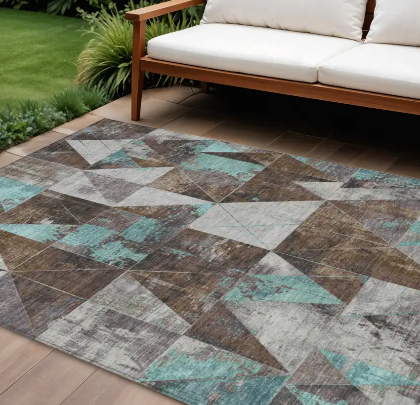 Chocolate And Teal Blue Geometric Washable Indoor Outdoor Area Rug Photo 2