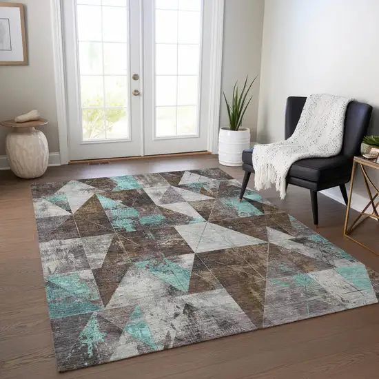 Chocolate And Teal Blue Geometric Washable Indoor Outdoor Area Rug Photo 6
