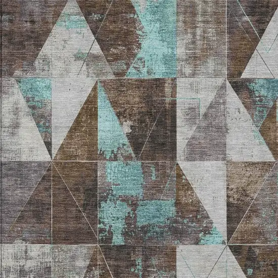 Chocolate And Teal Blue Geometric Washable Indoor Outdoor Area Rug Photo 3