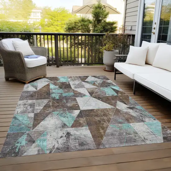 Chocolate And Teal Blue Geometric Washable Indoor Outdoor Area Rug Photo 8
