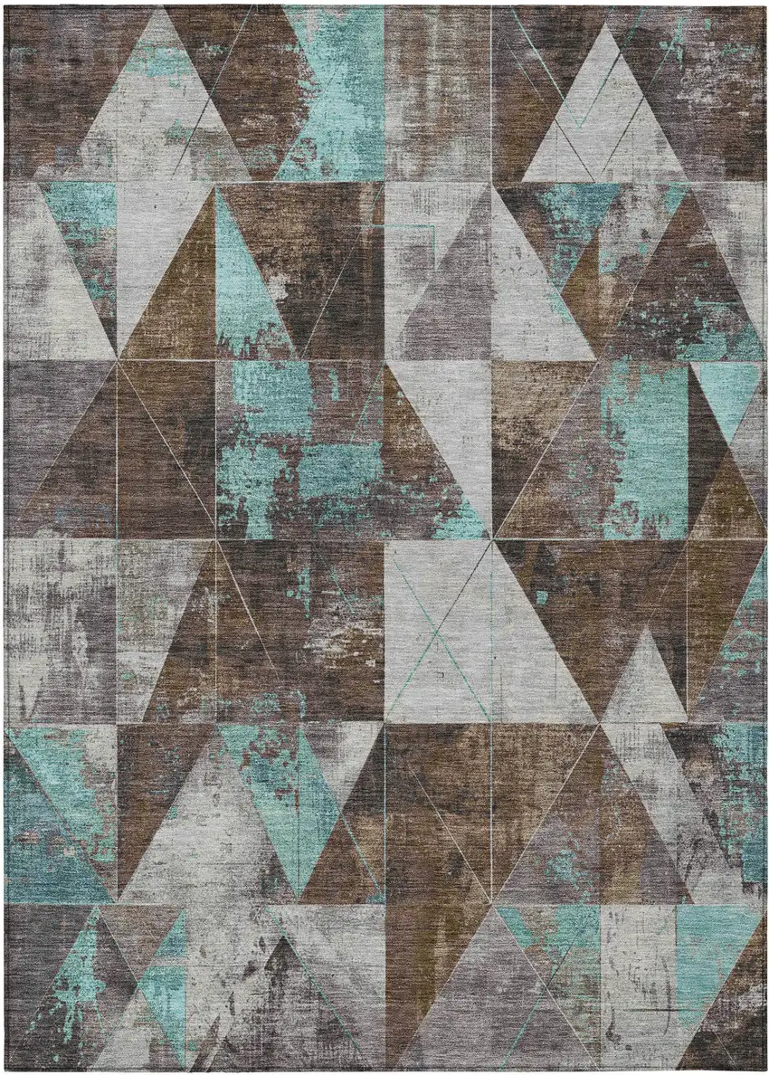 Chocolate And Teal Blue Geometric Washable Indoor Outdoor Area Rug Photo 1