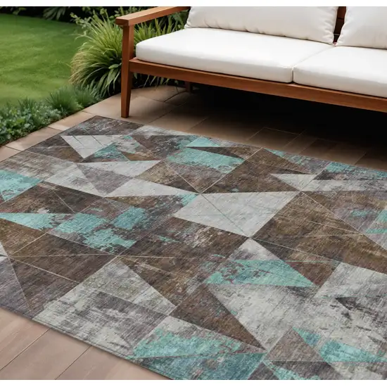 Chocolate And Teal Blue Geometric Washable Indoor Outdoor Area Rug Photo 2