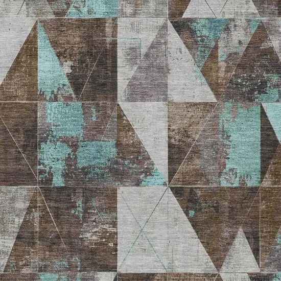 Chocolate And Teal Blue Geometric Washable Indoor Outdoor Area Rug Photo 3
