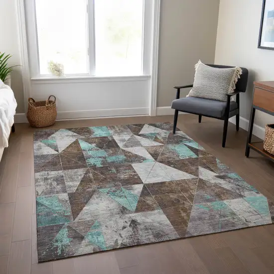 Chocolate And Teal Blue Geometric Washable Indoor Outdoor Area Rug Photo 7