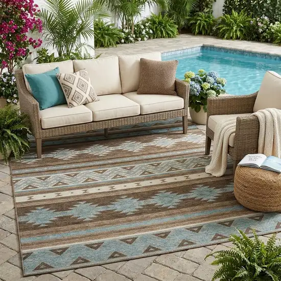Chocolate And Teal Blue Southwestern Washable Indoor Outdoor Area Rug Photo 1