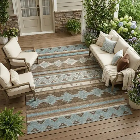 Chocolate And Teal Blue Southwestern Washable Indoor Outdoor Area Rug Photo 1