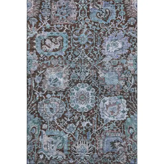 Chocolate And Teal Damask Washable Area Rug With UV Protection Photo 1