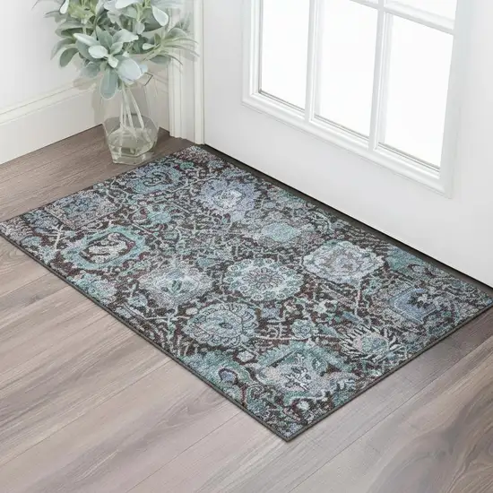 Chocolate And Teal Damask Washable Area Rug With UV Protection Photo 2
