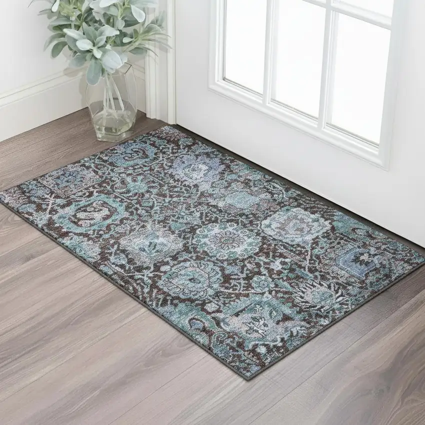 Chocolate And Teal Damask Washable Area Rug With UV Protection Photo 2