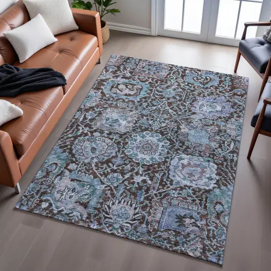 Chocolate And Teal Damask Washable Area Rug With UV Protection Photo 5