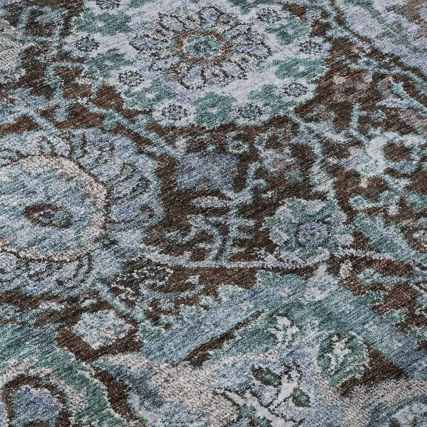 Chocolate And Teal Damask Washable Area Rug With UV Protection Photo 9