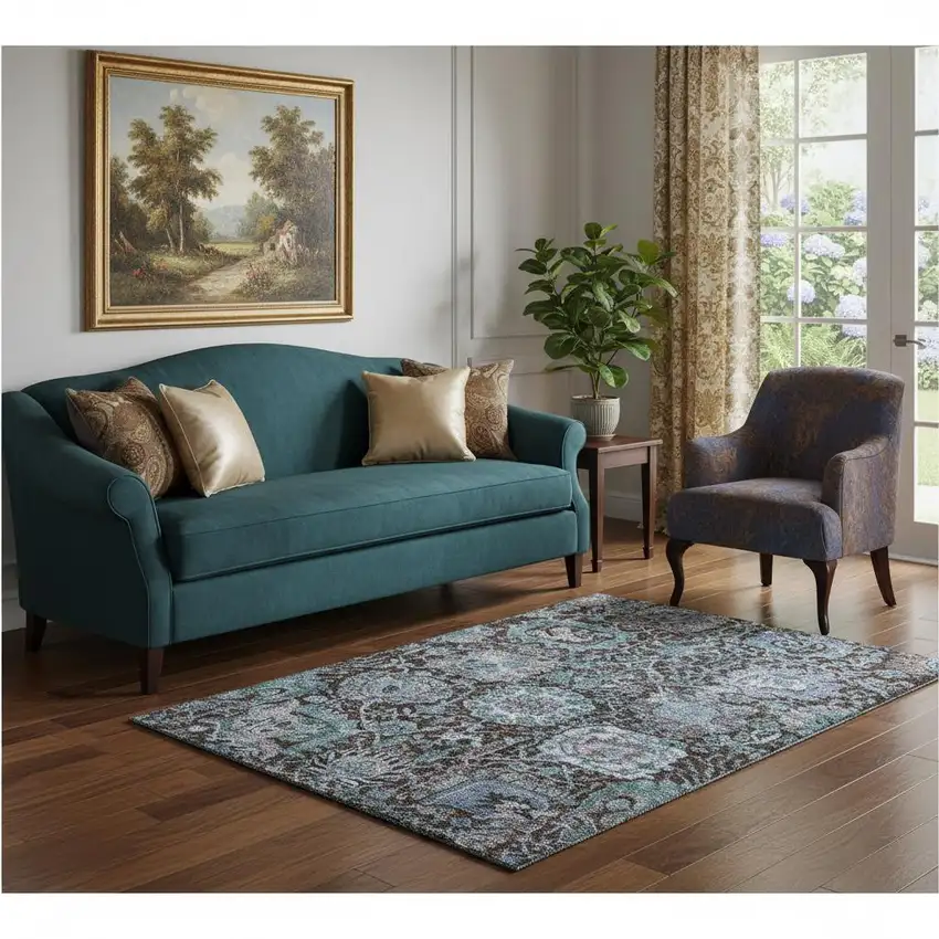Chocolate And Teal Damask Washable Area Rug With UV Protection Photo 2