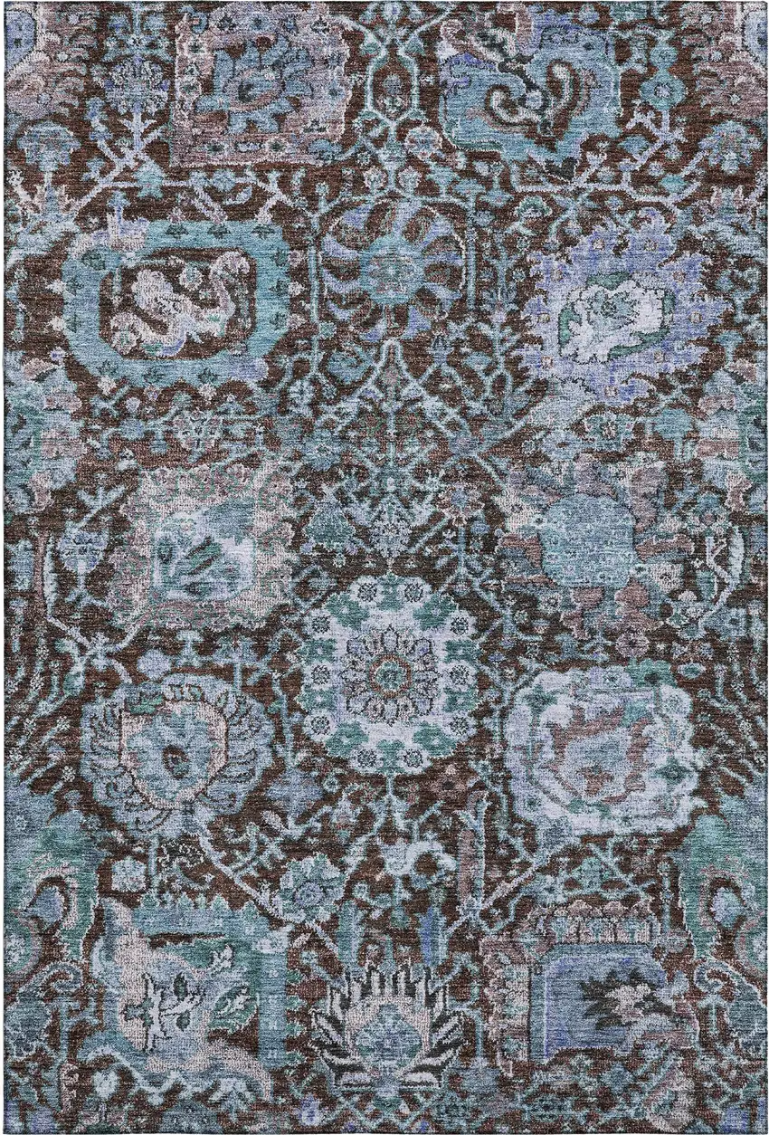 Chocolate And Teal Damask Washable Area Rug With UV Protection Photo 1