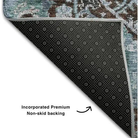 Chocolate And Teal Damask Washable Area Rug With UV Protection Photo 6
