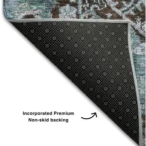Photo of Chocolate And Teal Damask Washable Area Rug With UV Protection