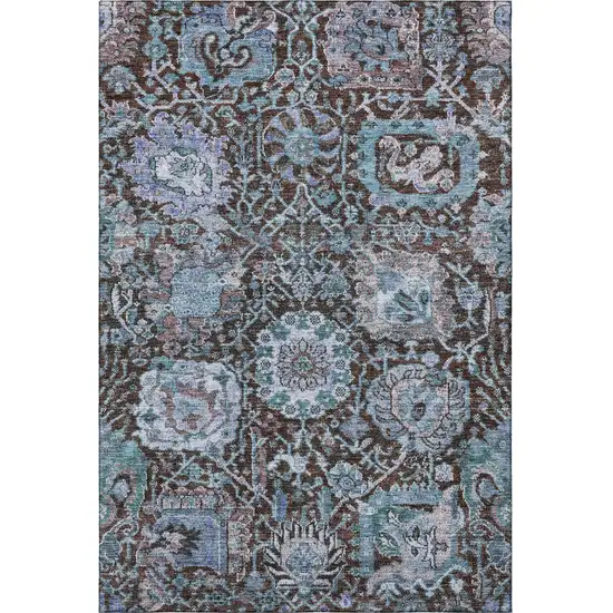 Chocolate And Teal Damask Washable Area Rug With UV Protection Photo 3
