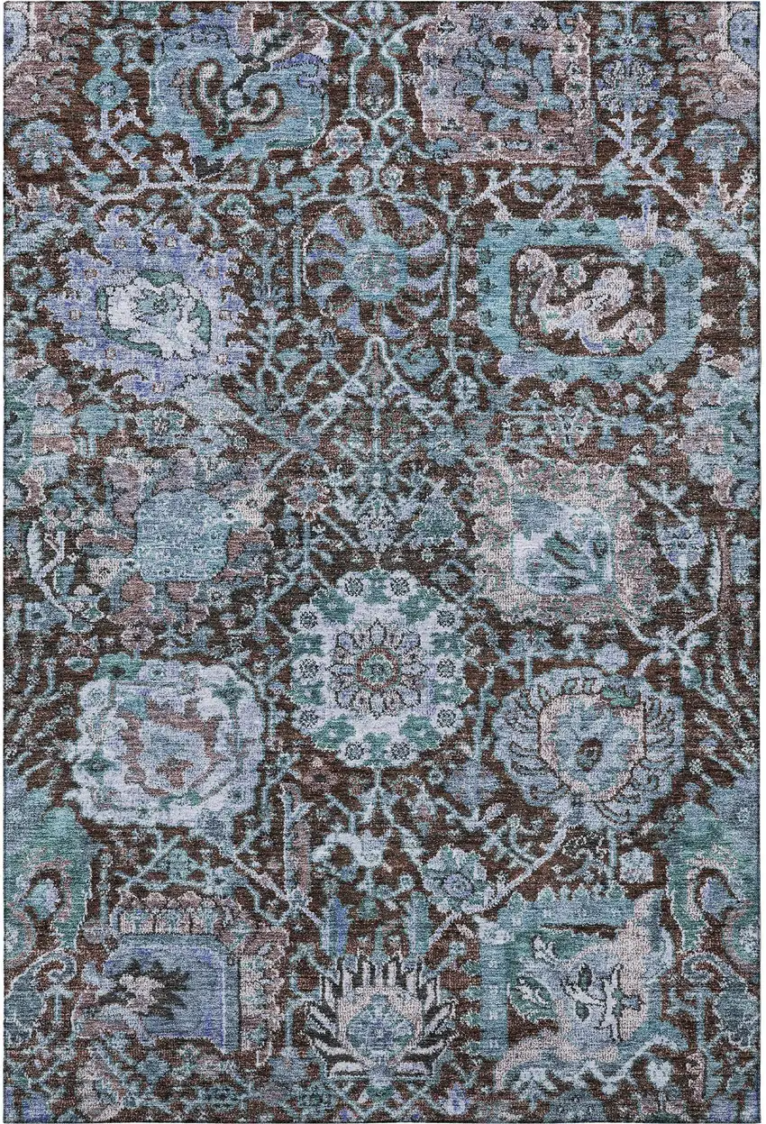 Chocolate And Teal Damask Washable Area Rug With UV Protection Photo 3
