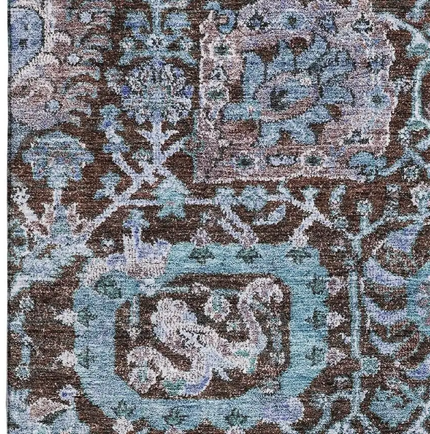 Chocolate And Teal Damask Washable Area Rug With UV Protection Photo 2