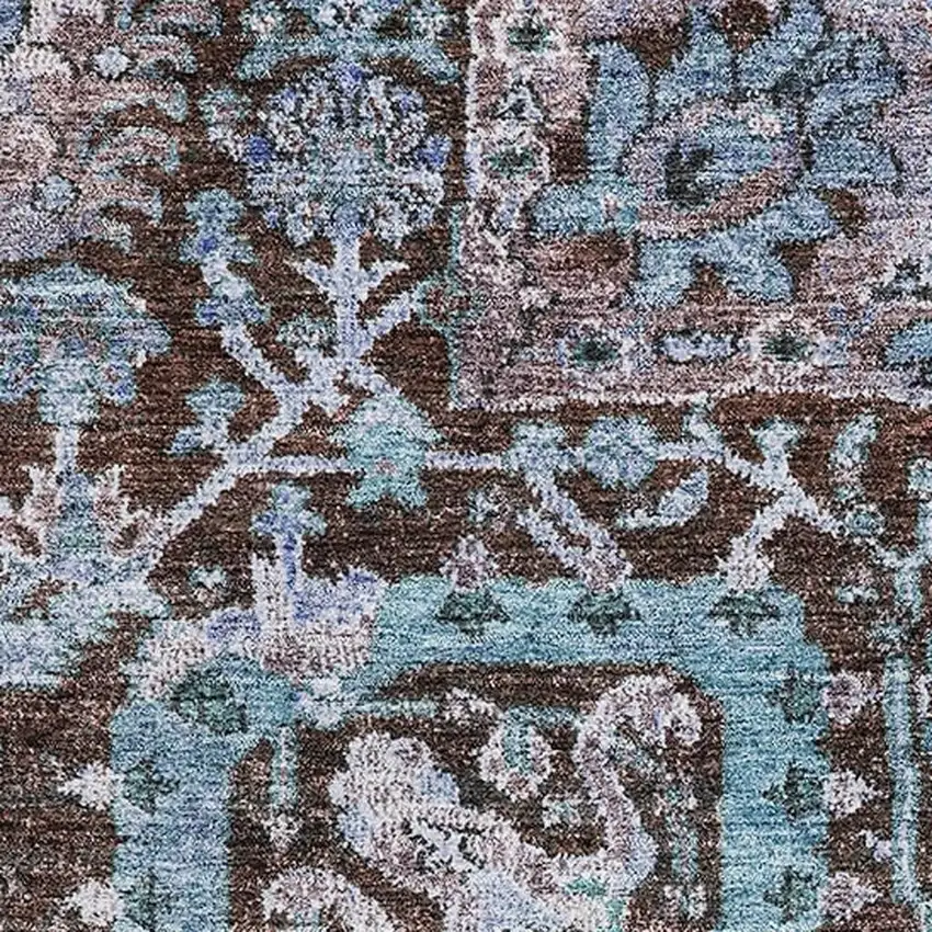 Chocolate And Teal Damask Washable Area Rug With UV Protection Photo 2