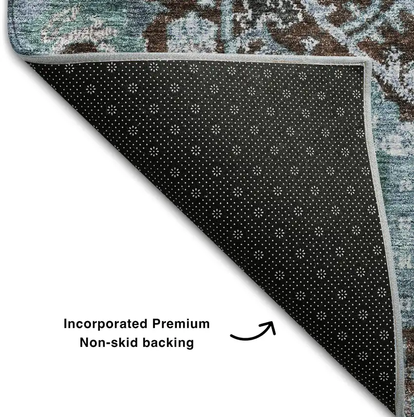 Chocolate And Teal Damask Washable Area Rug With UV Protection Photo 6